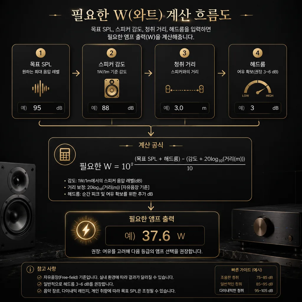 필요 앰프 출력과 스피커 감도 계산법 흐름도